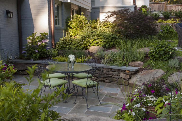 Guided by the client’s goal to solve the shortcomings of an aging, but topographically interesting and beautiful property, the resulting plan comprises four distinct entertaining spaces: A formal upper terrace with outdoor cooking, a dining space framed by a stone seat wall, a densely planted middle terrace with a fire pit, and finally a lower terrace designed for overflow seating and access to the kitchen garden. The entire site overlooks a wooded area and scenic creek. Complemented by Pennsylvania flagstone, plant material includes several varieties of hydrangeas (Hydrangea quercifolia, Hydrangea arborescens ‘Annabelle’), hydrangea macrophylla ‘Endless summer’). Oak Leaf Hollies (Ilex x “Conaf”) and cedar fencing help screen the neighboring property while perennials offer bright accents between the low shrubbery. The joints between pavers and boulders are softened with mazus (Mazus reptans), Blue-Star Creeper (Isotoma fluviatilis), Walker’s Low Catmint (Nepeta x faassenii ‘Walker’s Low’),and rosemary (Rosmarinus officinalis). The hillside serves as a respite, providing the owners a place to unwind and enjoy their garden.