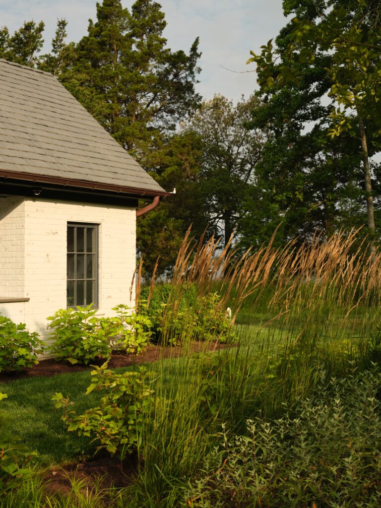 A white brick house with a dark gabled roof sits beside a field of tall, golden ornamental grasses. A small window is visible on the side of the house, surrounded by green landscaping and trees.