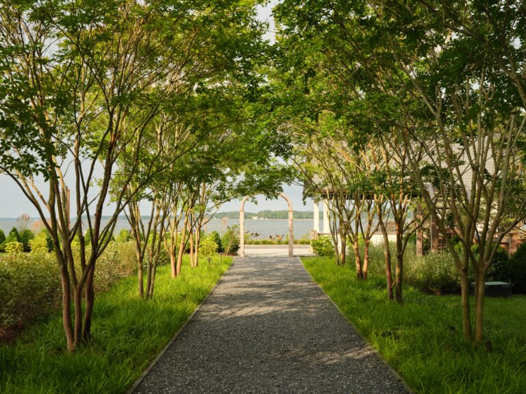 A gravel path leads through a corridor of trees toward a stone archway overlooking a lake. A covered patio structure sits to the right, and the distant shoreline is visible through the arch.